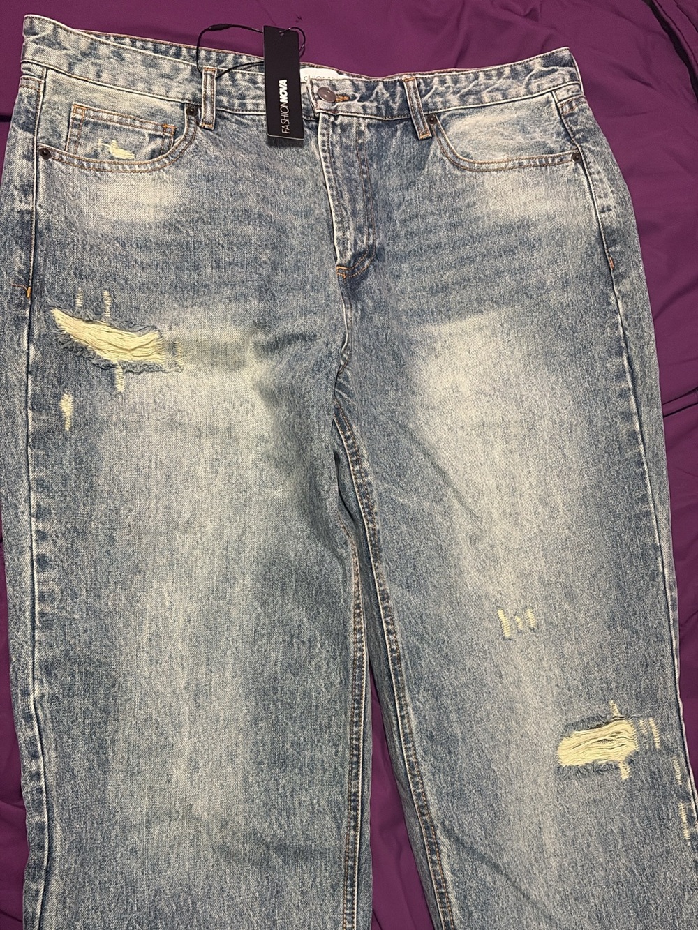 Fashion Nova Distressed Light Blue Straight-Leg Jeans